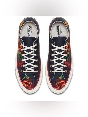 Converse Leather Navy Low-Top Sneakers with Red & Yellow Floral Embroidery